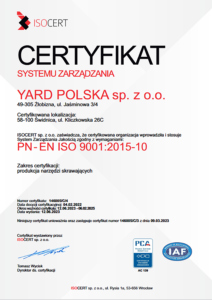 Certyfikat ISO Yard - szlifiernia narzędzi Mastermet